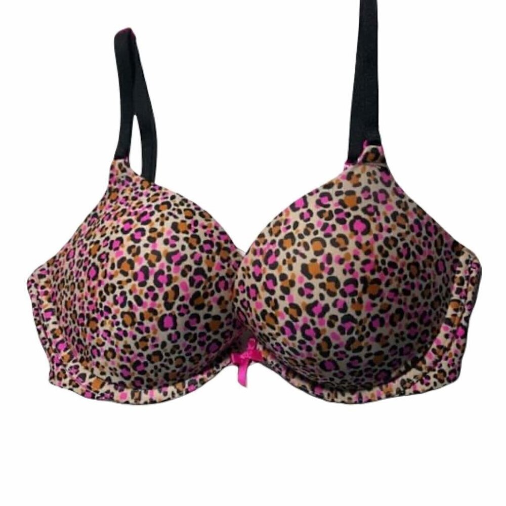 #3465-3 VICTORIA'S SECRET SIZE 32D PUSH UP BRA LEOPARD PRINT BROWN PINK BLACK